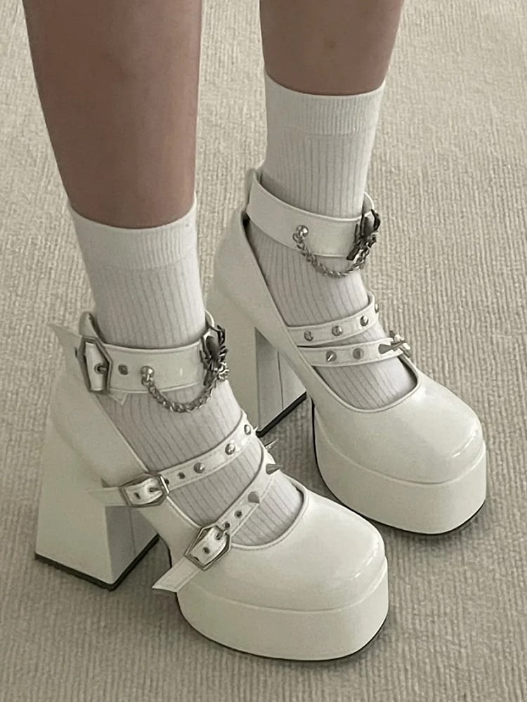 Block Goth White - Studs Style Details PU Leather in High Heels
