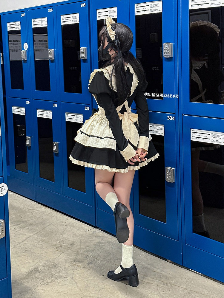 Detachable Short Lolita Apron KC + Dress Maid Sleeves Black