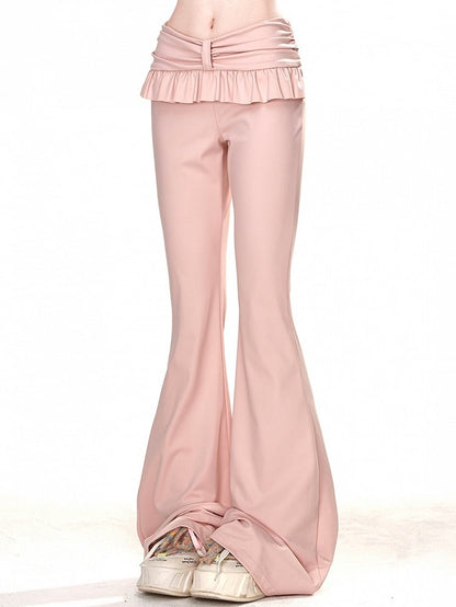 Pink Ruffled Trim Slim Fit Flare Pants