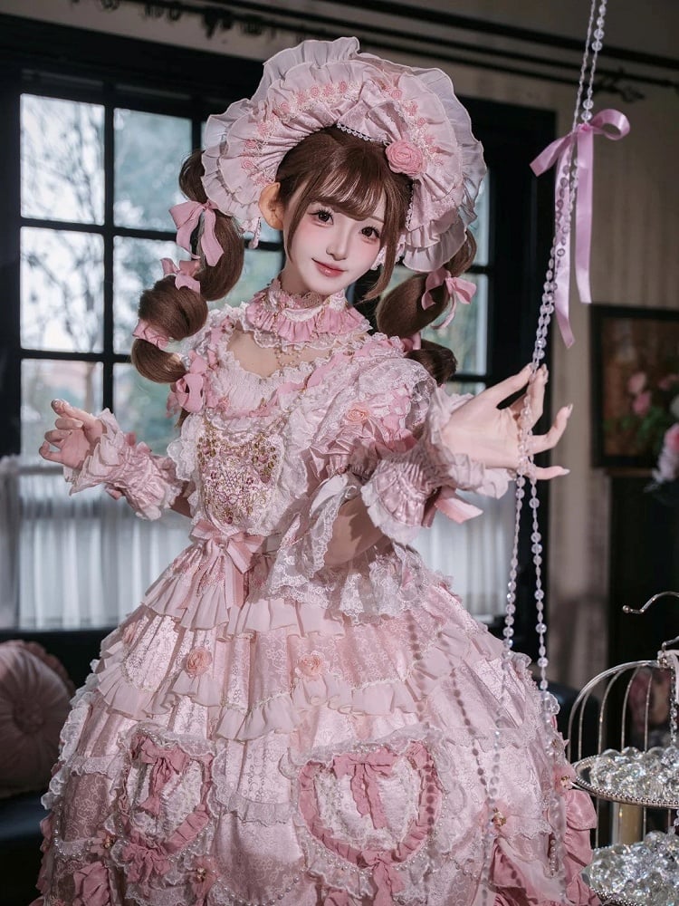 Embroidery Details Light Bead Pink Floral Hanayome Rosette Lolita and Dress Chain