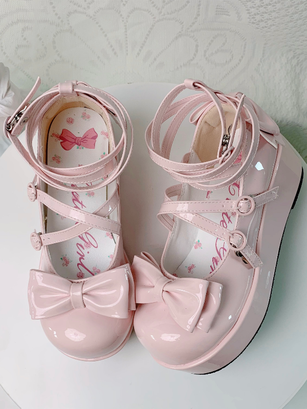 Pink Bow Buckle Straps Round Toe Platform Lolita Shoes - XIN MENG