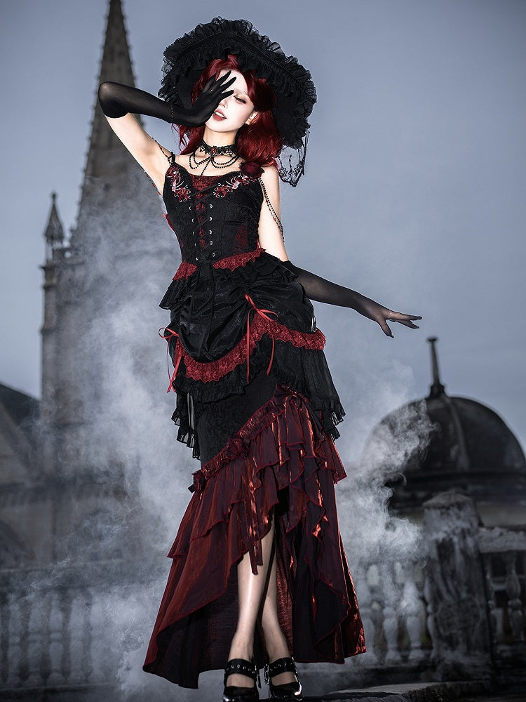 Black Red Gothic Corset Top and Skirt Set with Choker - Xiong Dou Jiang