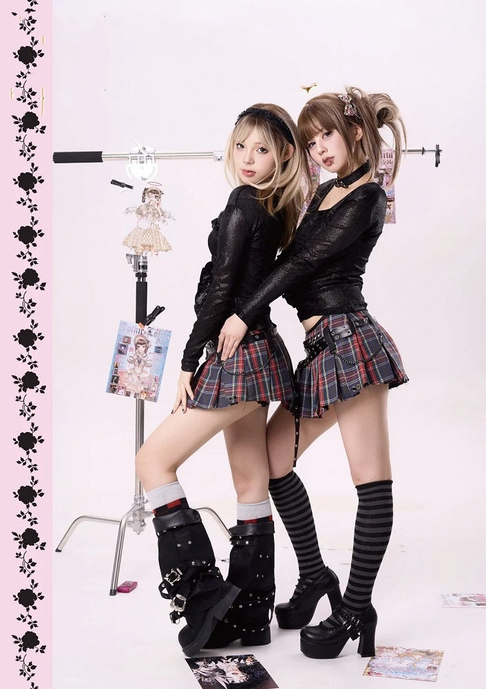 Y2K Red Plaid Punk Studded Mini Box Pleat Skirt with PU Strap and Chain