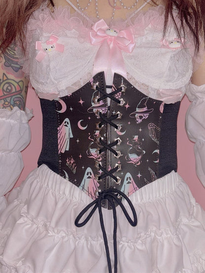 Und Taille Gyaru Fashion Moon Y2K Skelett Schwarz Schnürung PU Print Stern Geister Gürtel Details