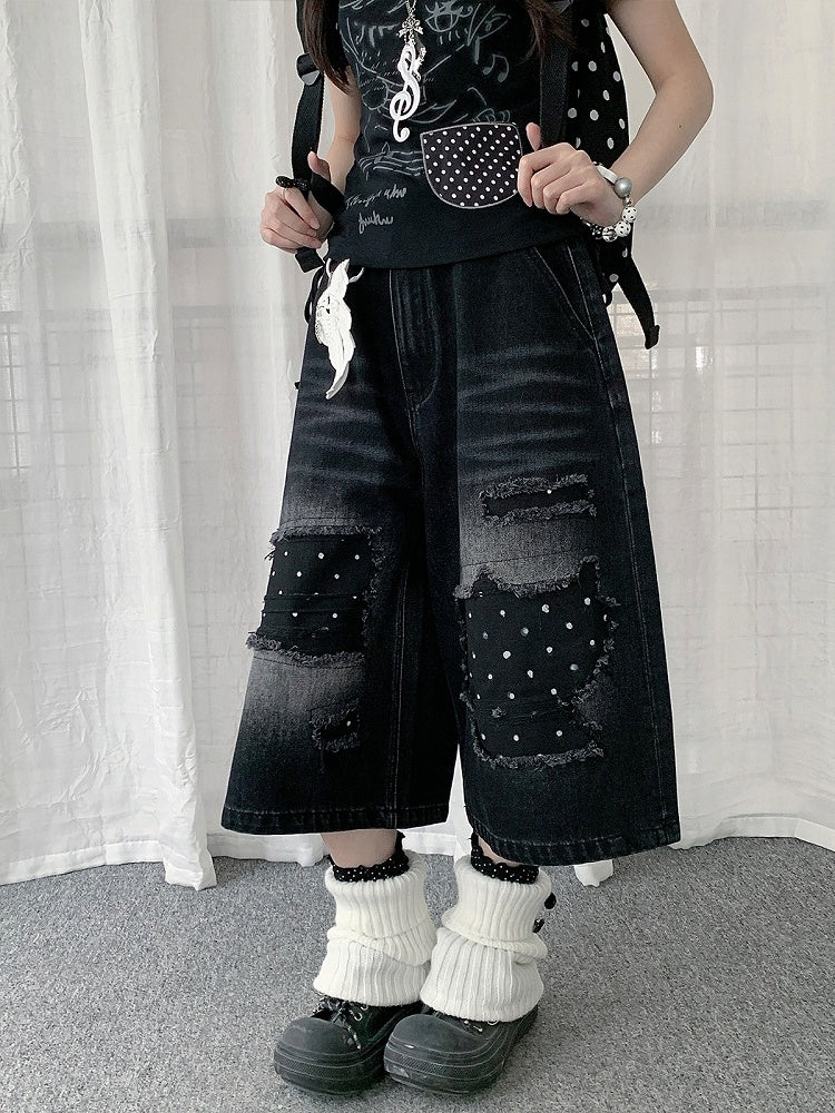 Black Distressed Wide Leg Jeans with Polka Dot Pattern - Solkatt