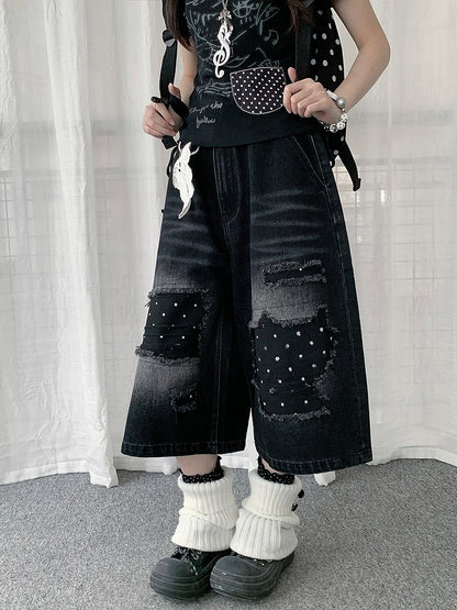 Black Distressed Wide Leg Jeans with Polka Dot Pattern - Solkatt