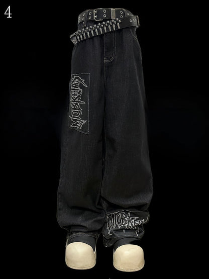 ダークカットアップリケレタージーンズブルーストレートレッグ