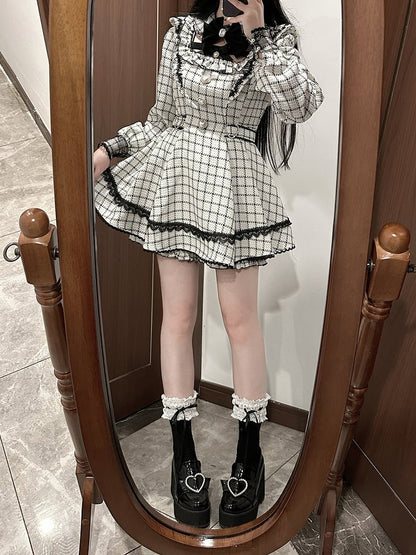 Landmine with Style Dress Coord Plaid Removable Puffy Collar - Beige Tweed Shorts