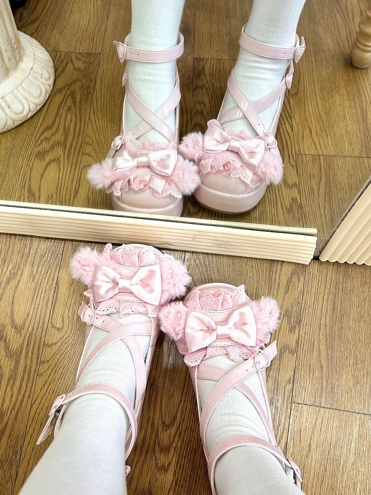 Plateauschuhe mit Plüschschleife und verzierten Pompon-Ohren, kreuz und quer verlaufendes rosa Häschen-Top-Design