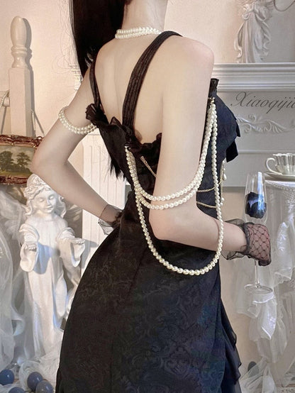 Perlen-Jacquard-Rüsche, Kamelie, Schwarz, Lolita, Meerjungfrau, Dekorationsdetail, JSK, Rosensaum