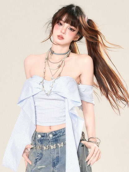Striped Neckline Glamorous Top Blue Big Bow Cropped
