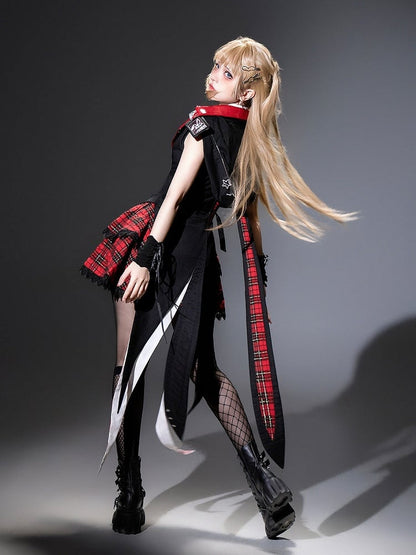 Punk Bunny Ear Hooded Coat with Diamond Tailcoat and Plaid Skirt in Black and Red - Xiong Dou Jiang