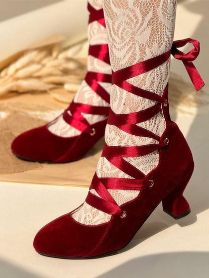 Design Shoes Red Lace-Up Wine Velvet in Toe Closure Pointed Classic Lolita