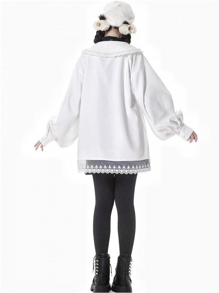 ホワイトロータス ピーターパンカラー レースアクセント シェニールブラウス