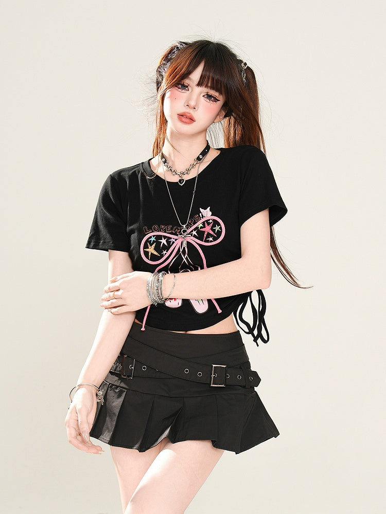 Glamorous Bowknot Schwarz/Gelb/Pink Cropped T-Shirt Kordelzug Taille Akzent