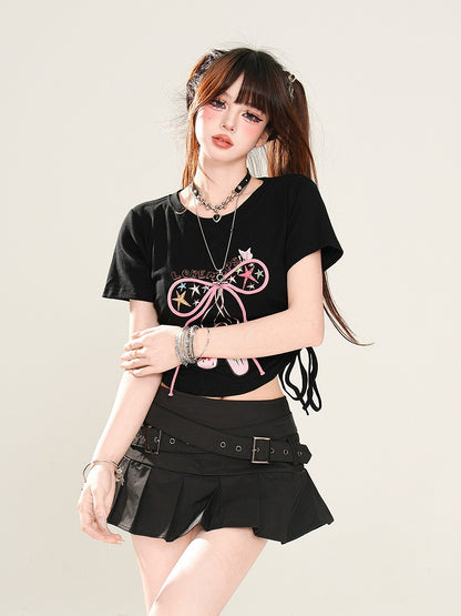 Glamorous Bowknot Schwarz/Gelb/Pink Cropped T-Shirt Kordelzug Taille Akzent