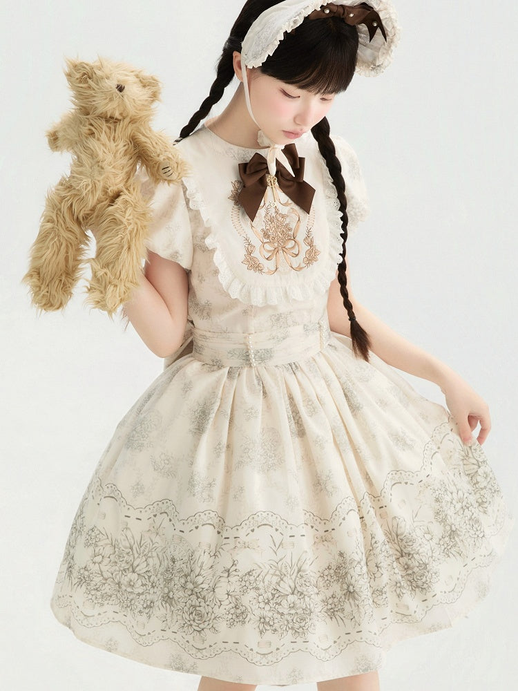 White and Piece Bodice Short Bowknot One Floral Embroidery Classic Version Lolita