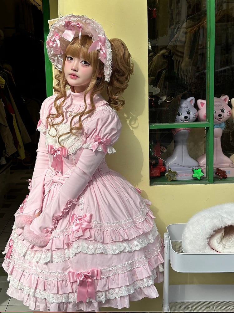 Rosa kurzes Schleifenkleid Old Lolita Accents Puff School mit Ärmeln