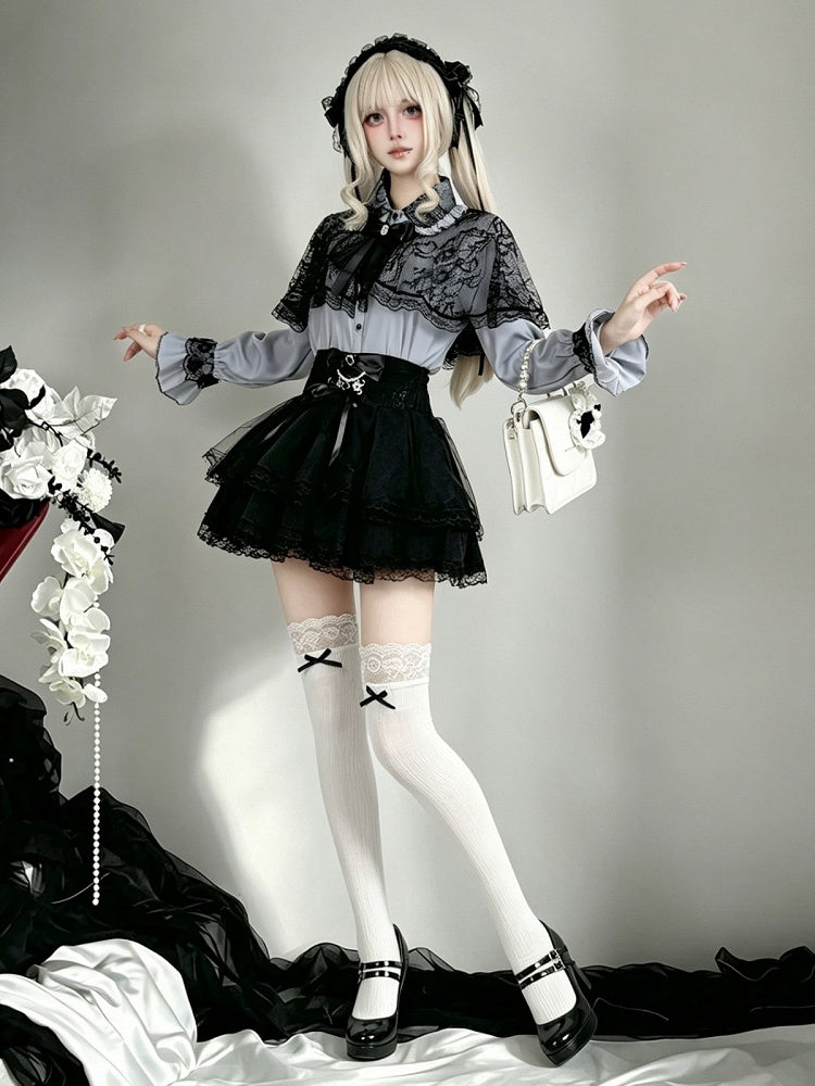 Midnight Blue Lace-Cape Blouse with Long Sleeves - AMAHAKAWA