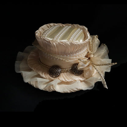 Button Beige Decorated Hat Design Beaded Bowknot And Mini