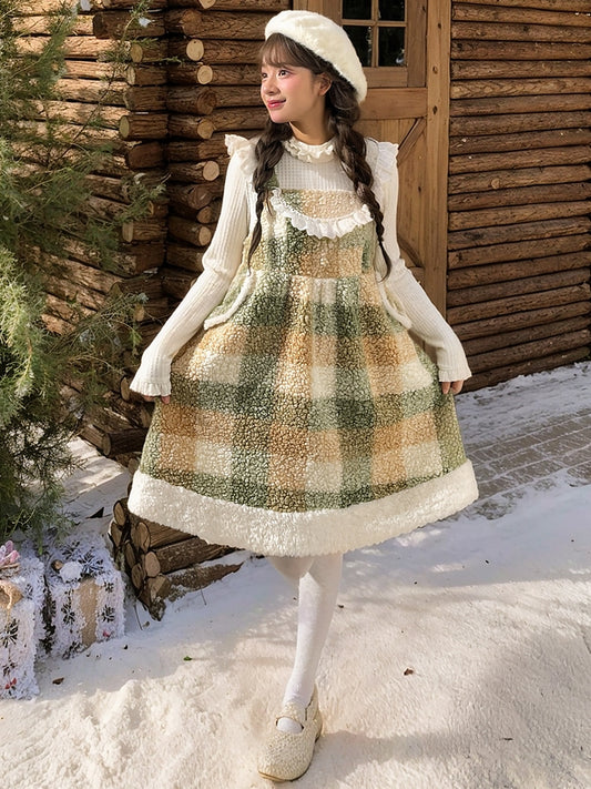 Grünes, kariertes Fleece-Overallkleid mit Blumenmuster und Knopfdetails, Spitzenbesatz und Taschen