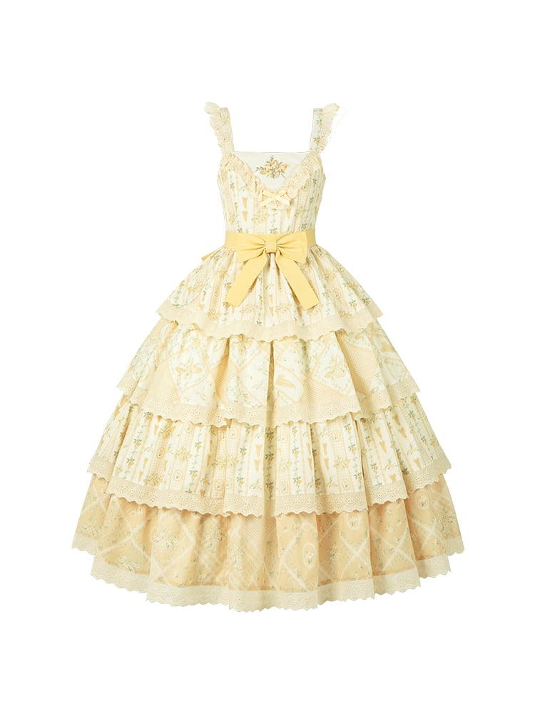 Lily and Cherry Print Yellow Natural Kei Lolita Tiered Dress - With PUJI