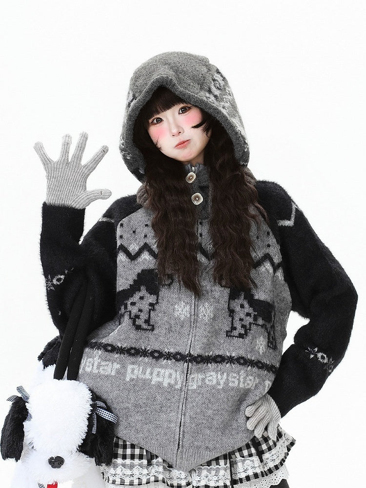 Hoodie Jacket Pink/Black Letter with Daily in Puppy Pattern Graphics Kawaii