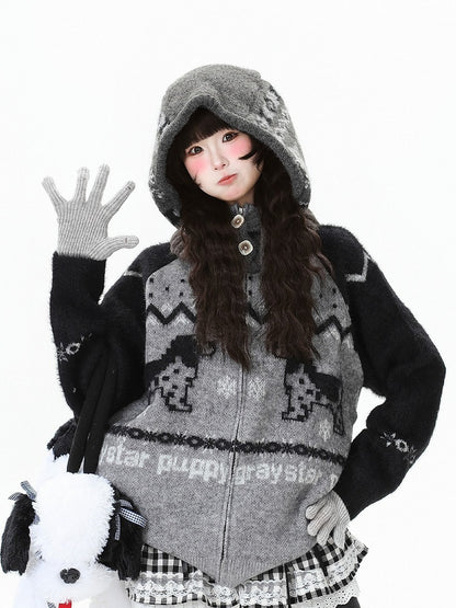 Hoodie Jacket Pink/Black Letter with Daily in Puppy Pattern Graphics Kawaii