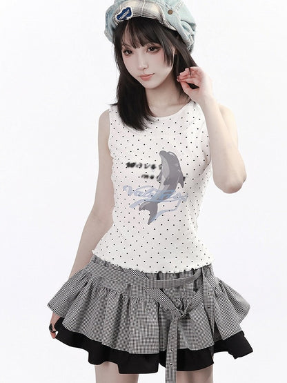White Polka Dot Tank Top with Dolphin Print - PINK SAVIOR
