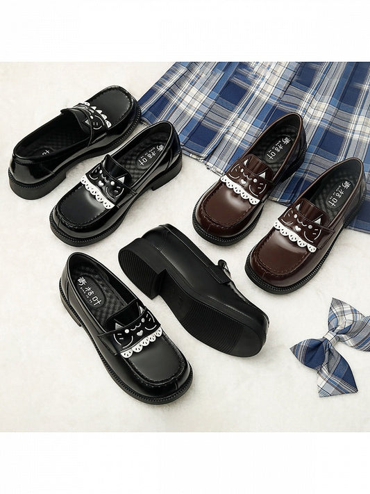 Women's Low Heel Mary Jane School Shoes with Cat Embroidery