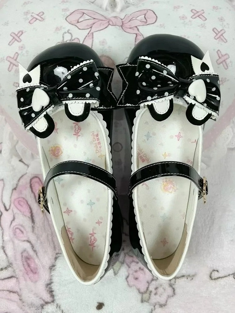 Low Fastener Ear Dot Black PU Bear Leather Heels Print Bow - Lolita