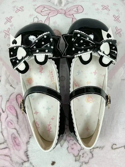 Low Fastener Ear Dot Black PU Bear Leather Heels Print Bow - Lolita