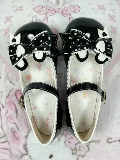 Print Black Bear Lolita Bow Low Dot Ear - Fastener Leather PU Heels