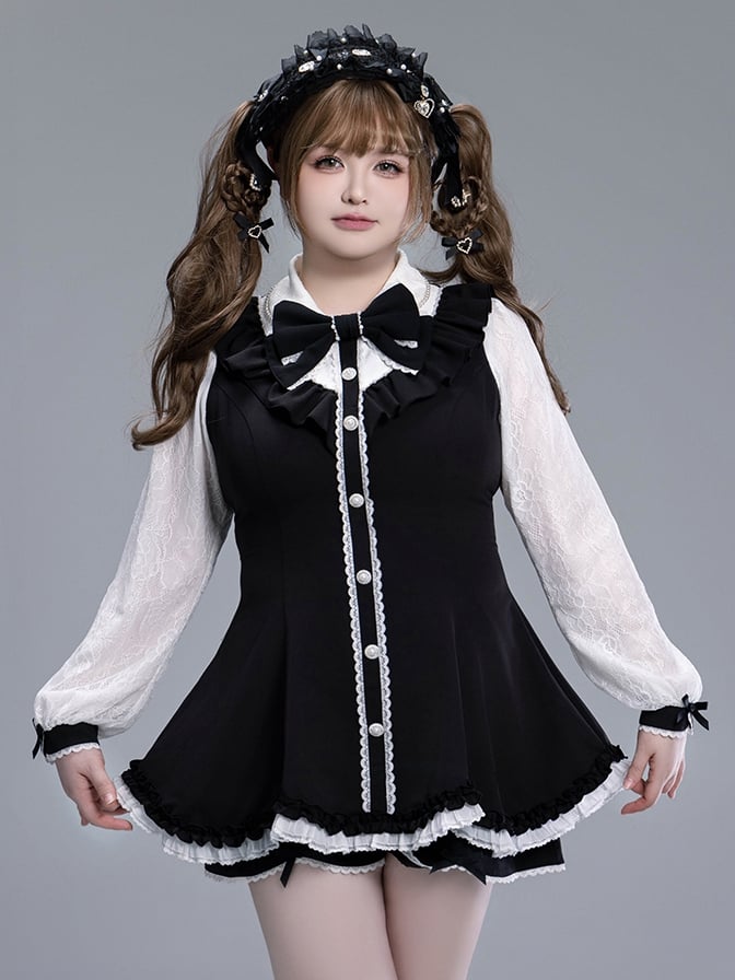 Black Kei with Coord Brooch and Set: White Trim Detachable Scalloped Shorts Edge Top Bow Jirai