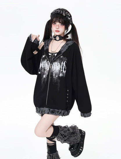 Kapuzenjacke mit Reißverschluss, Löchern im Used-Look und ausgeschnittener Schulterpartie, Weiß/Schwarz