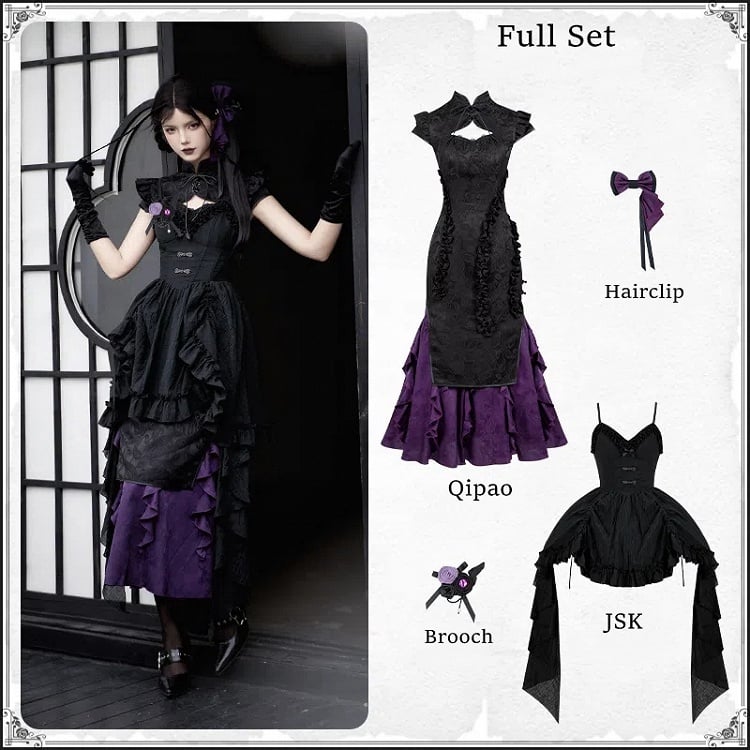 Voller Jacquard-Saum Qi Rüschen Set Schwarz Qipao Cthulhu Lolita Kleid Vibes Lila Trim Cascading
