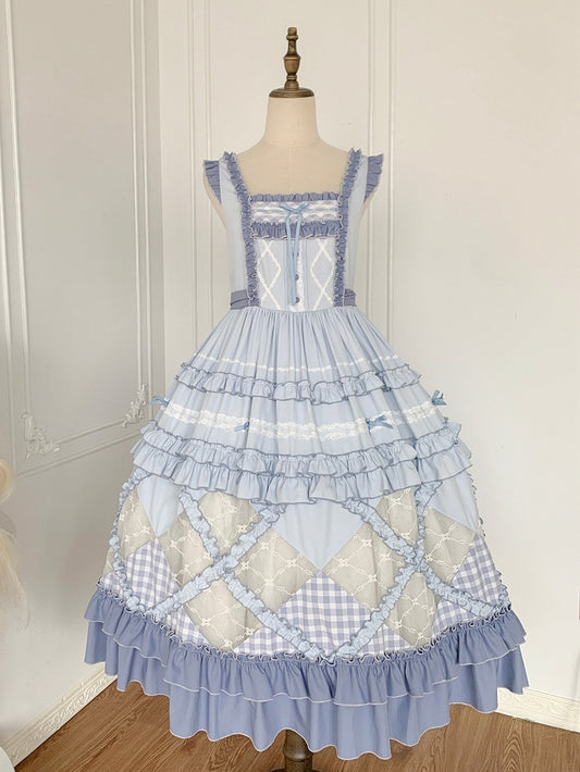 Blue Gingham Pattern and Floral Lace Patches Skirt Casual Lolita Dress