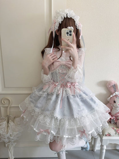 Jacquard Only Princess Dreamy Blue Train with Details JSK Ruffled Bow / Lace Dress Embossed + Lolita