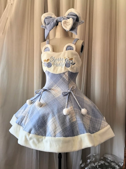 für Süße Plaid Kleid Lolita Herbst und Pom-Poms Bestickt Winter Kirsche Blau mit