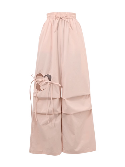 Blue/Pink Heart-shaped Cutout Wide-leg Pants Drawstring Waist
