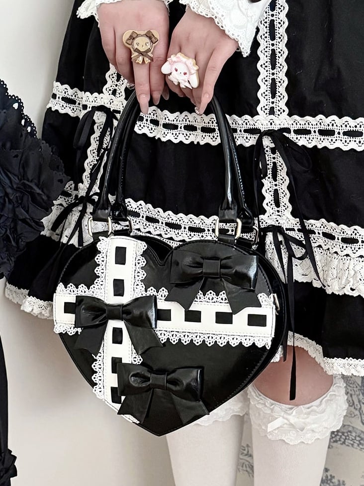 PU-Saum, Schleife, süße Riemen, herzförmige Handakzente, Tasche, schwarz, gewellt – Lolita