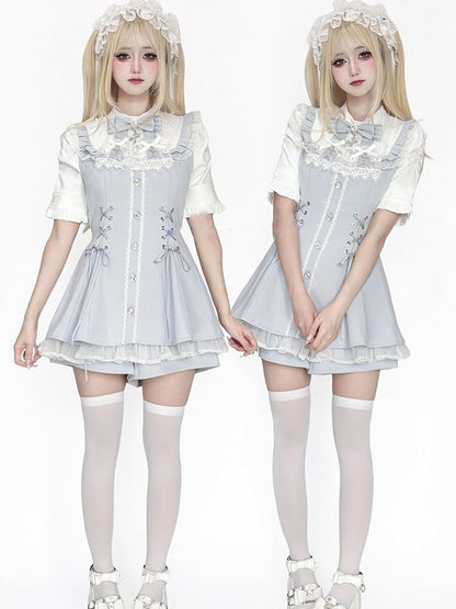 Tie a Shorts Gothic Jirai Featuring Set Blue Bib Light Lace-Up Dress Bow Details Kei