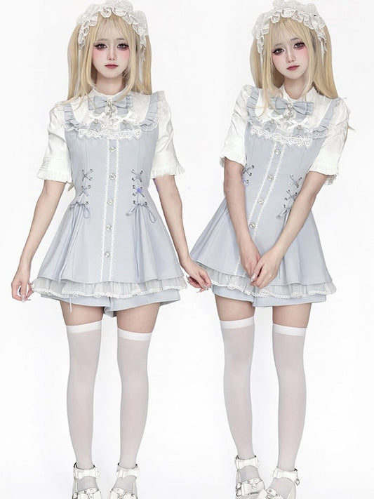 Tie a Shorts Gothic Jirai mit Set Blaues Lätzchen Leichtes Schnürkleid Schleifendetails Kei