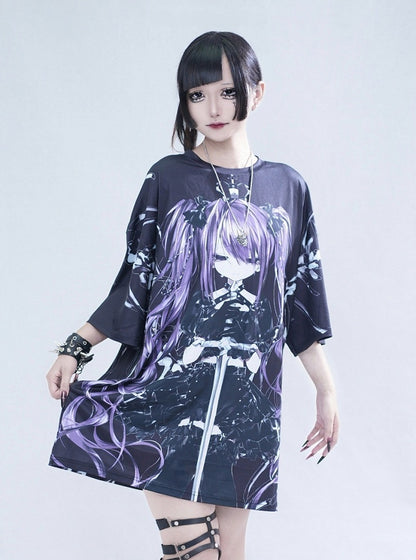 Oversized Anime Girl Print Tee - Tribuo Flos