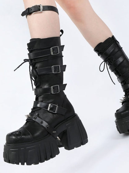 Chunky Platforms Accents Boots Studs Toe Black Cyberpunk with Straps - Mid-Calf Eye-Embellished Buckle