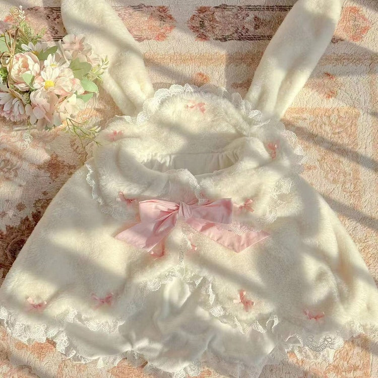 White and Cape with Winter Kitty Pink Ears Lolita Plush Bunny Sweet /