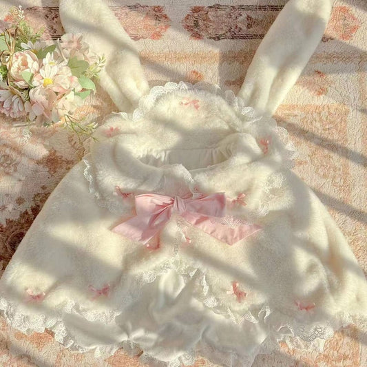 White and Cape with Winter Kitty Pink Ears Lolita Plush Bunny Sweet /