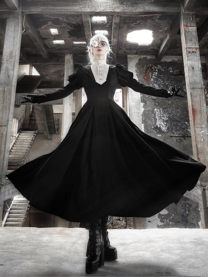 Waist Dress Juliette Beige Piece Neckline Lolita Sleeves Ruffle One Black Slim