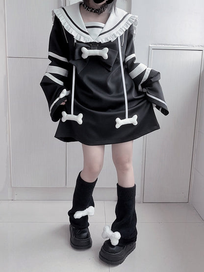 Black Detachable Zip-Shoulder with Collar and Dress Bone White Convertible Sailor Jirai Kei Accents