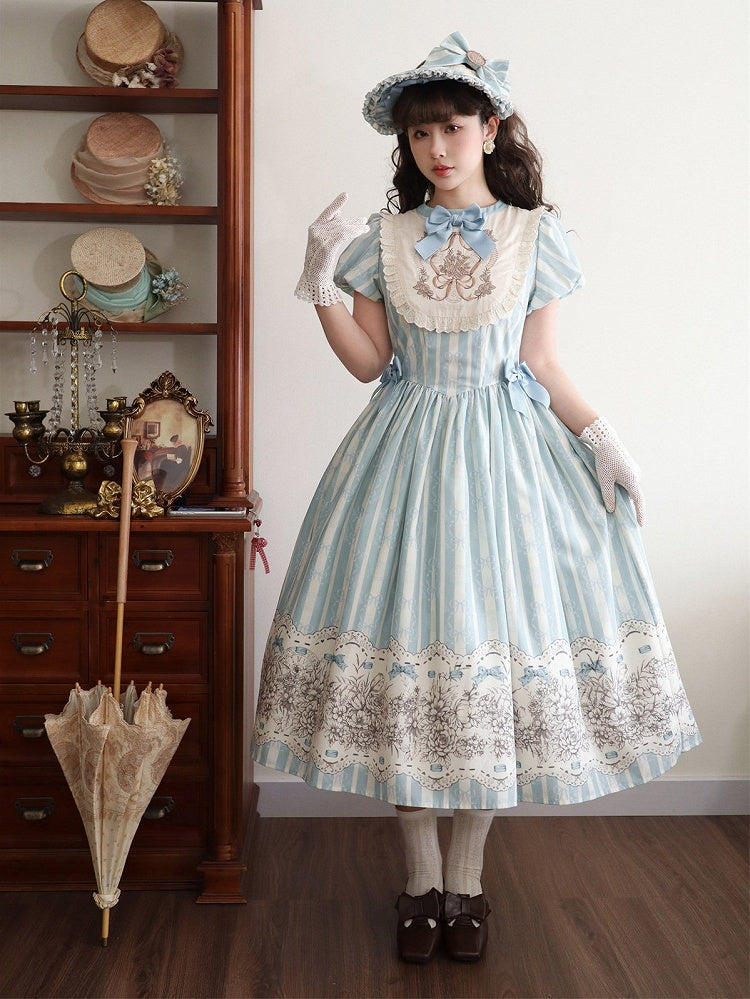 Embroidery One Bodice Piece Blue Floral Striped Classic and Bowknot Version Lolita Pattern Long